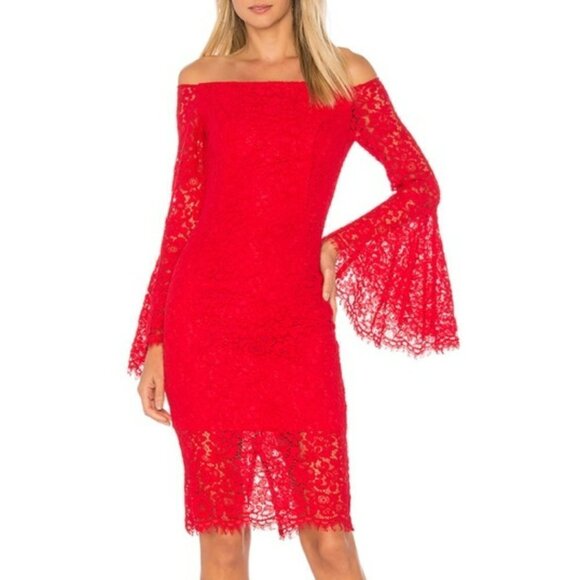 BARDOT Solange Bell Sleeve Lace Cocktail Dress Formula One Red Off Shoulder 4 - Picture 1 of 10